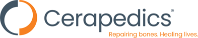 A professional logo featuring a stylized circular icon composed of a dark gray and an orange crescent shape, followed by the text "Cerapedics" in a dark gray sans-serif font and the tagline "Repairing bones. Healing lives." in orange.